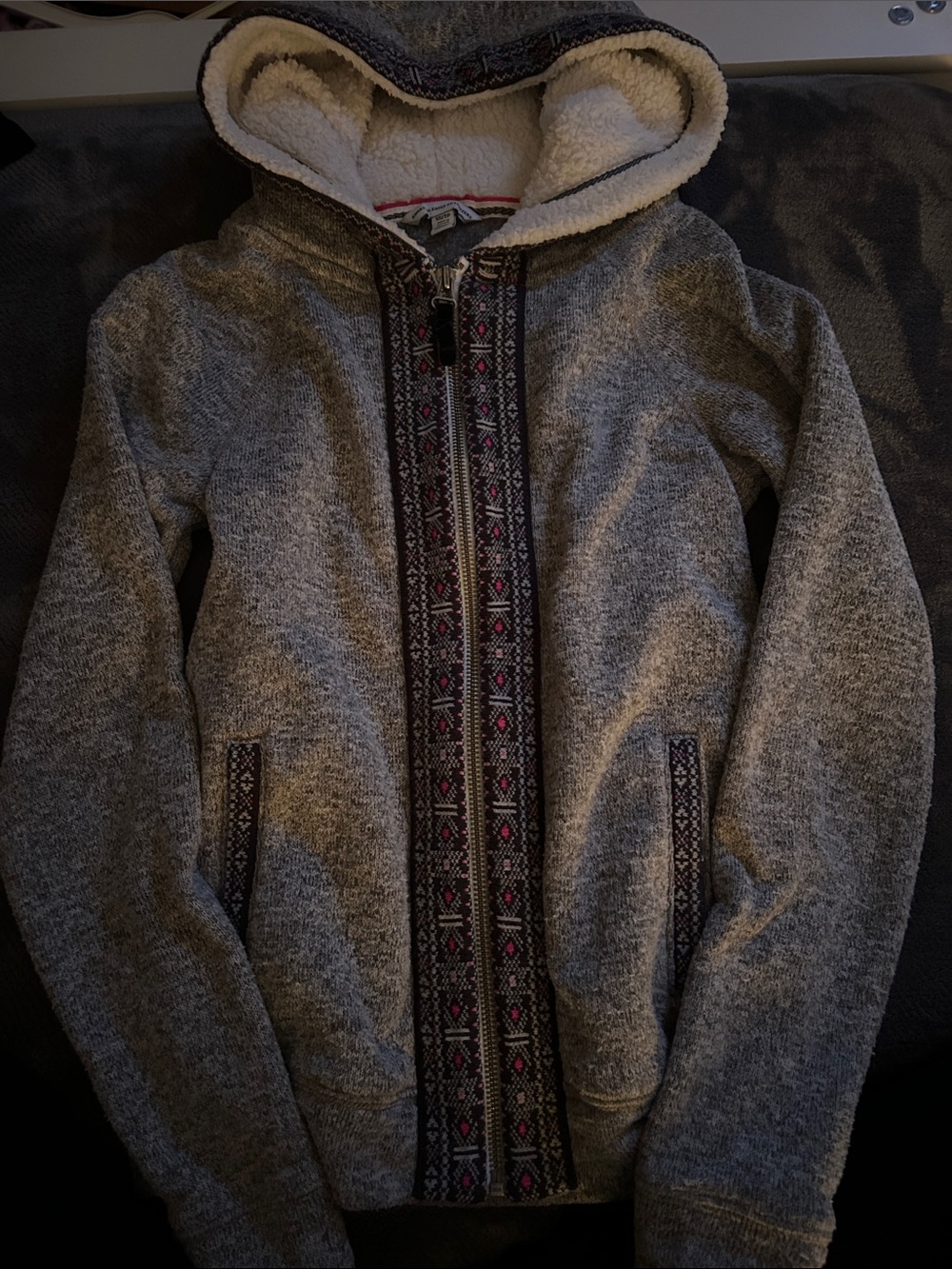 American Eagle Hooded Zip Jacket with Cream Sherpa Lining and Pink Accent